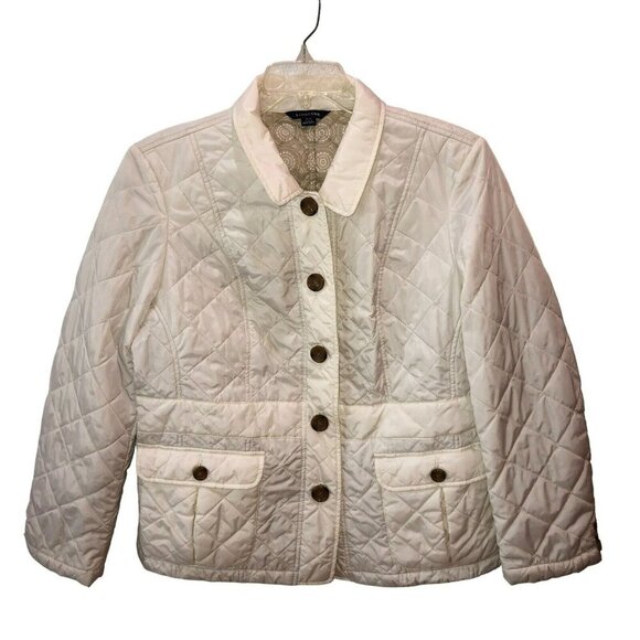 Lands End Quilted Puffer Jacket Womens Large 14 16 Ivory Snap Up Pockets Sz L - Picture 1 of 11